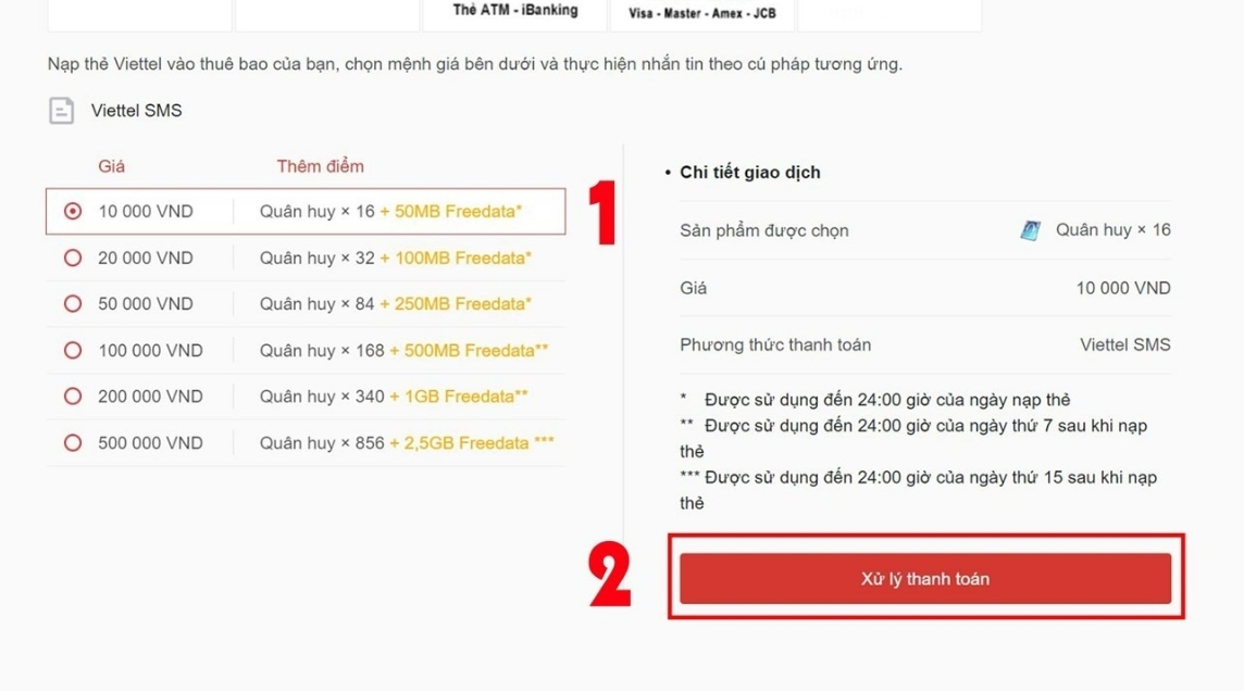 Nạp quân huy bằng tin nhắn SMS tiện lợi
