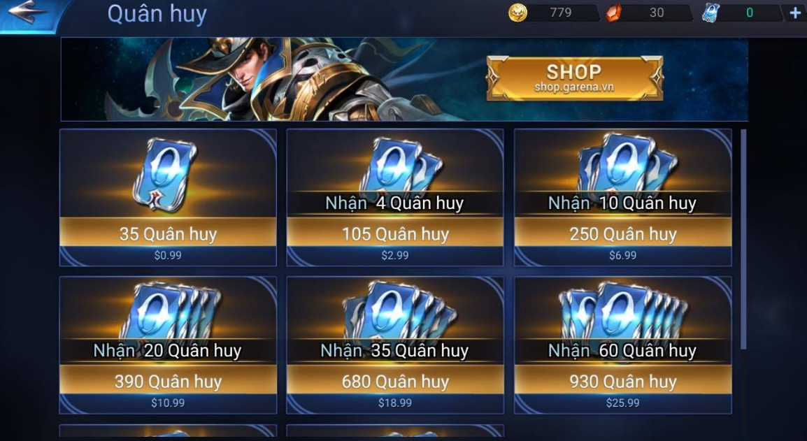 Nạp quân huy thông qua trang site của Garena